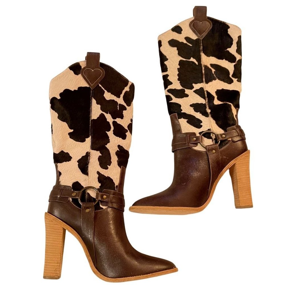 BCBGMAXAZRIA Womens Western Cowboy Boots Brown Leather Cowhide Block Heels 8 B